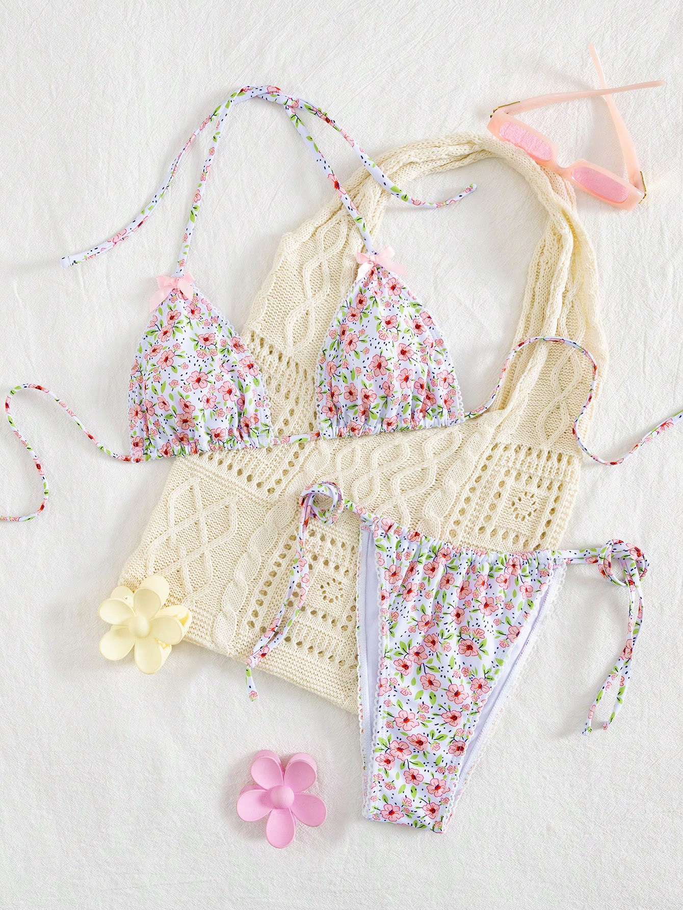 New Custom G-string Tan Through Swimwear Beachwear Printing Tie Front Halter Micro Bikini Sets for Women