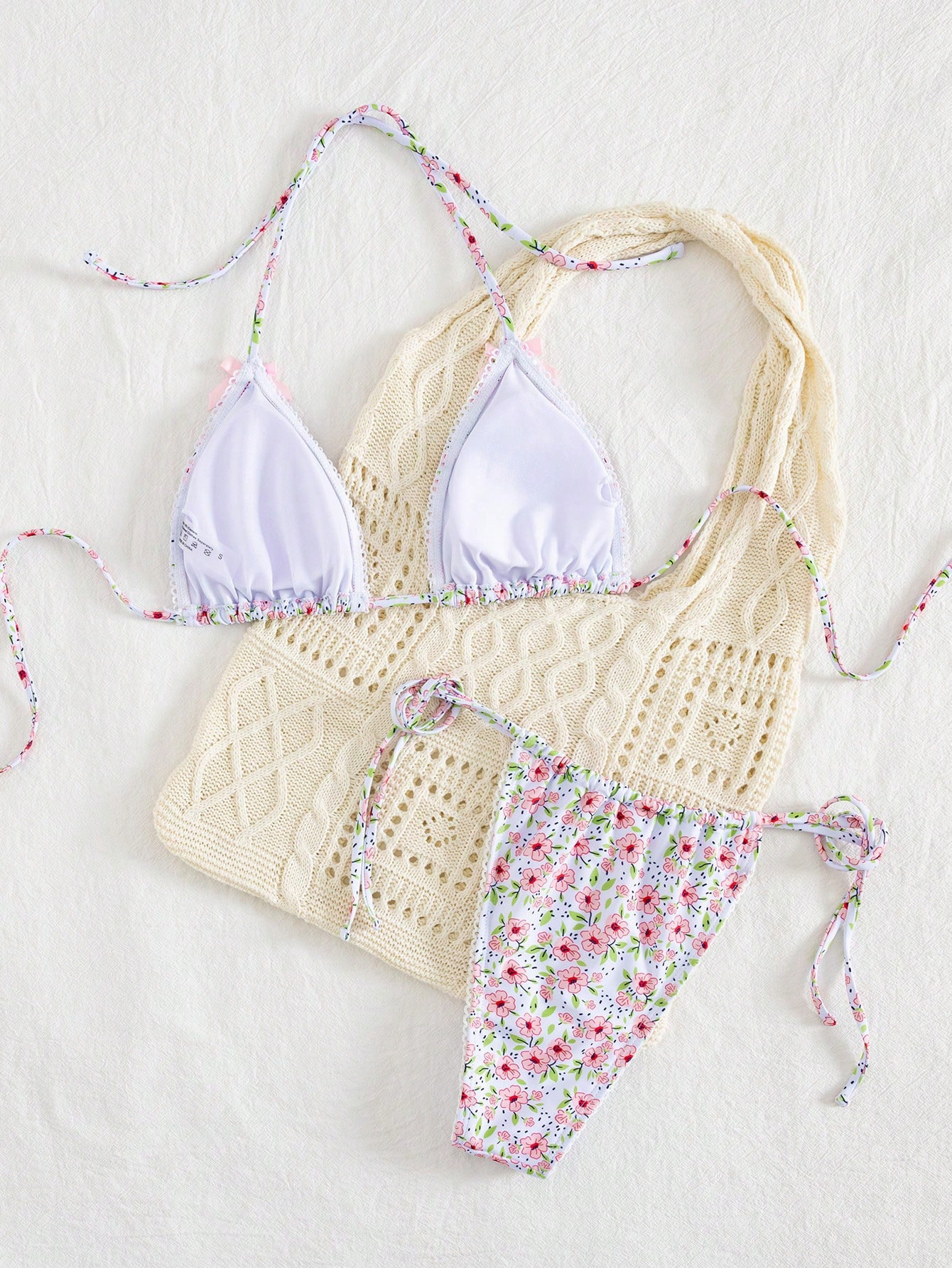 New Custom G-string Tan Through Swimwear Beachwear Printing Tie Front Halter Micro Bikini Sets for Women