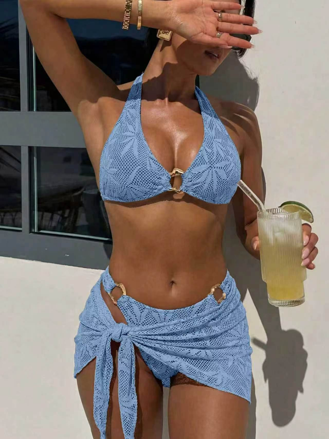 Latest Design 3D Floral Halter Bikini Set Twist Strong Cover up 3 Piece Swimwear for Tropical Beach Vacation
